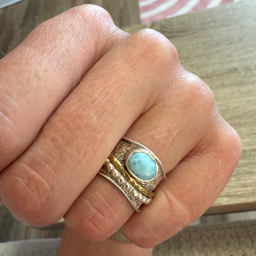 Turquoise Stone Sterling Silver and brass statement ring size 7